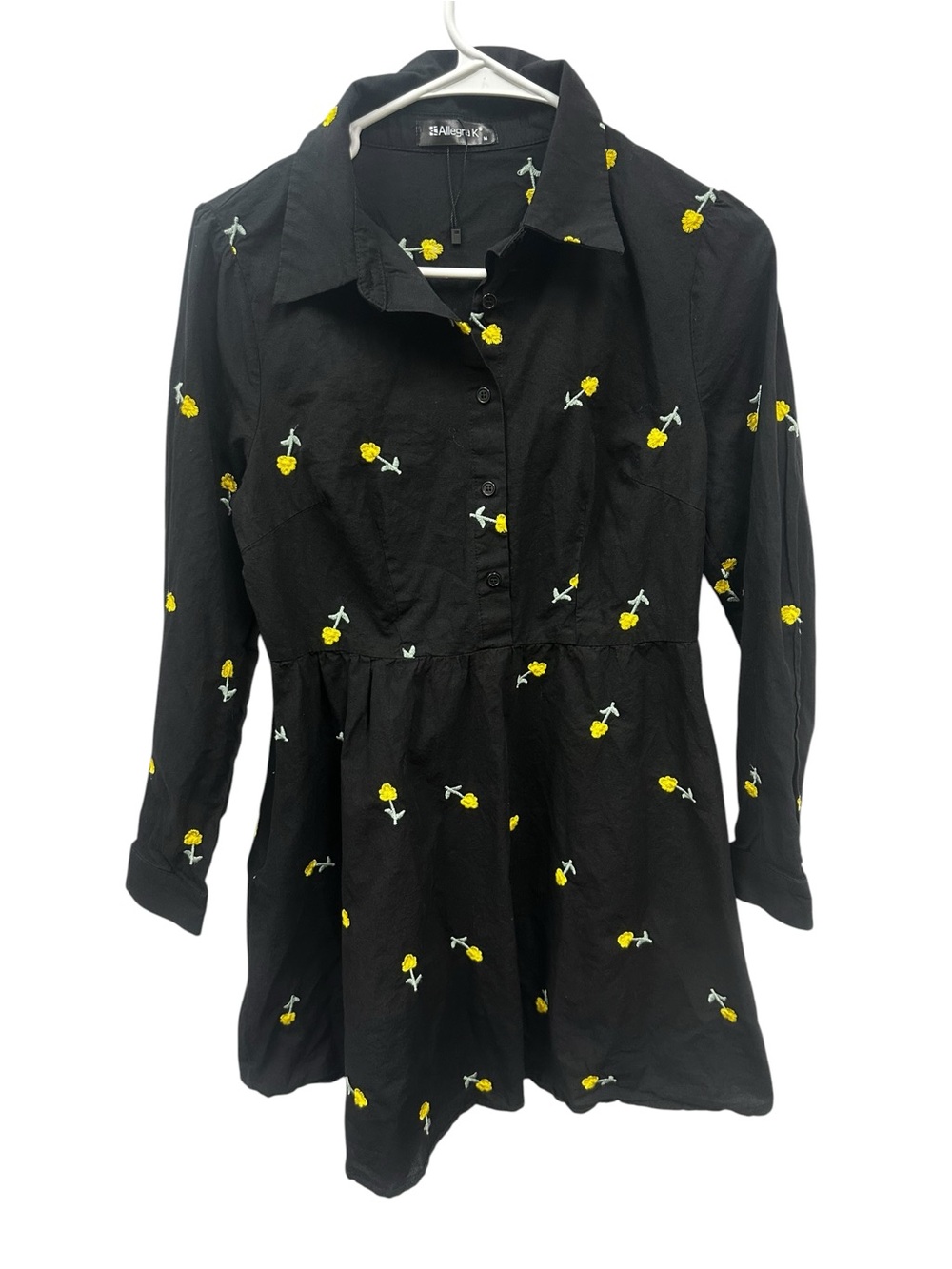 Allegra K Black Button-Front Dress with Yellow Floral Accents size medium nwot